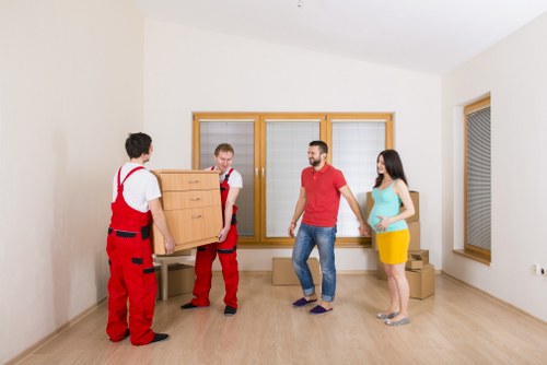 Packaged business items and labels ready for relocation
